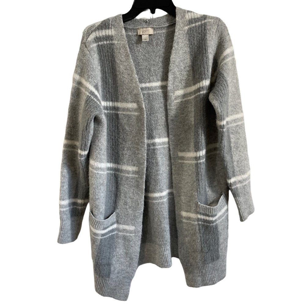 Loft Women's X-Small Grey White Stripe Fuzzy Open Front Cardigan‎ Oversized